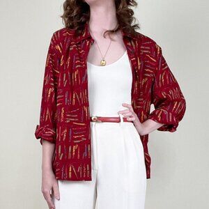 Vintage Calligraphy Fountain Pen Novelty Print Button Up Down Blouse Shirt Top